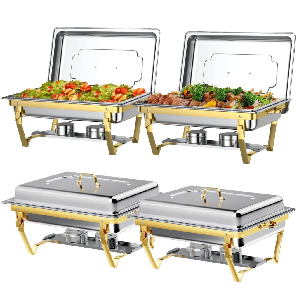 Chafing Dish Buffet Set 4 Pack TINANA 8QT Stainless Steel Dishes Buffet Chafers Warmers Sets Parties Events Wedding Camping Dinner Gold