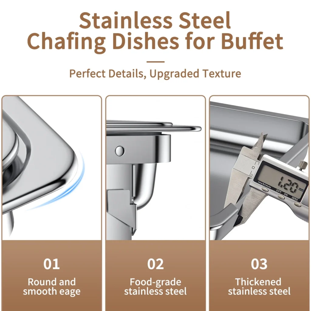 TINANA 8QT Stainless Steel Chafing Dish Set (4-Pack) – Gold Accent Buffet Warmers β alternate angle showing full product