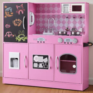 COCLUB Play Kitchen Wooden Kids Kitchen Playset Chalkboard Ice Maker Phone Cookware Accessories Microwave Toy Gift Boys Girls Age 3 8 Pink