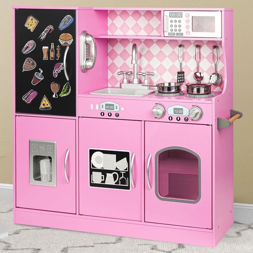 COCLUB Play Kitchen Wooden Kids Kitchen Playset Chalkboard Ice Maker Phone Cookware Accessories Microwave Toy Gift Boys Girls Age 3 8 Pink