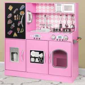 COCLUB Play Kitchen Wooden Kids Kitchen Playset Chalkboard Ice Maker Phone Cookware Accessories Microwave Toy Gift Boys Girls Age 3 8 Pink