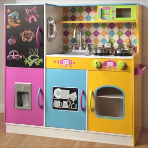 COCLUB Play Kitchen Wooden Kids Kitchen Playset Chalkboard Ice Maker Phone Cookware Accessories Microwave Toy Gift Boys Girls Age 3 8 Pink