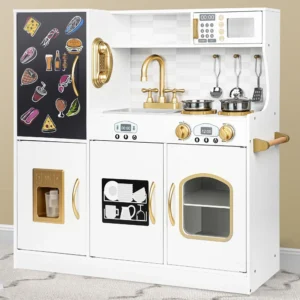 COCLUB Play Kitchen Wooden Kids Kitchen Playset Chalkboard Ice Maker Phone Cookware Accessories Microwave Toy Gift Boys Girls Age 3 8 Pink