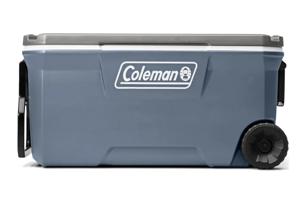 Coleman 316 Series 100QT Wheeled Cooler – Lakeside Blue β close-up detail of design and finish