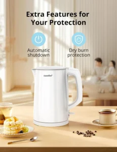 COMFEE Electric Kettle and Tea Kettle 1 5L Double Wall Stainless Steel Interior Lid Spout Fast Boil Auto Off and Boil Dry Protection 1500W
