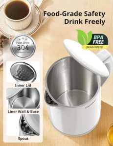 COMFEE Electric Kettle and Tea Kettle 1 5L Double Wall Stainless Steel Interior Lid Spout Fast Boil Auto Off and Boil Dry Protection 1500W