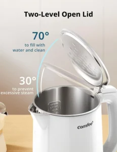 COMFEE Electric Kettle and Tea Kettle 1 5L Double Wall Stainless Steel Interior Lid Spout Fast Boil Auto Off and Boil Dry Protection 1500W