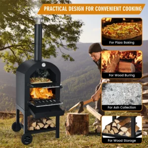 Costway Outdoor Pizza Oven Wood Fire Pizza Maker Grill w Pizza Stone Waterproof Cover