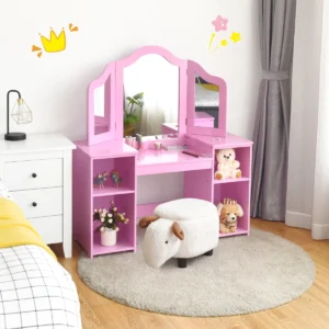 Costway Vanity Table Set Makeup Dressing Table Kids Stool Mirror