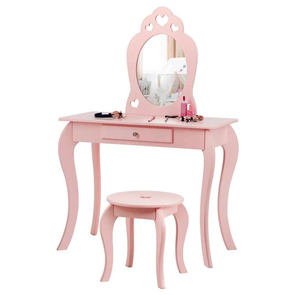 Costway Vanity Table Set Makeup Dressing Table Kids Stool Mirror
