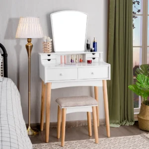 Costway Vanity Table Set Makeup Dressing Table Kids Stool Mirror