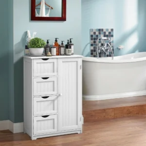 Costway Wooden 4 Drawer Free Standing Bathroom Floor Cabinet Storage Cupboard Adjustable Blue