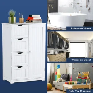 Costway Wooden 4 Drawer Free Standing Bathroom Floor Cabinet Storage Cupboard Adjustable Blue