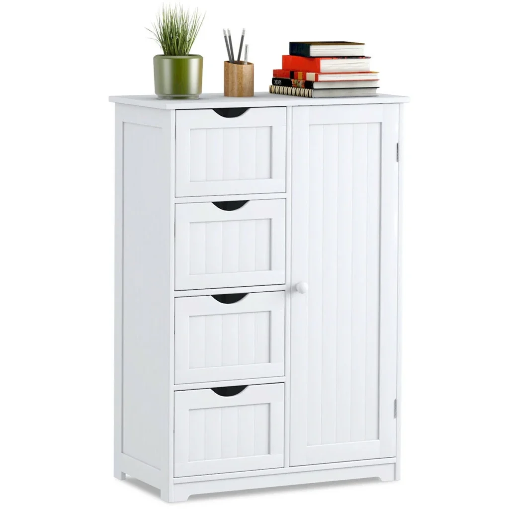 Costway Wooden 4 Drawer Free Standing Bathroom Floor Cabinet Storage Cupboard Adjustable Blue — alternate angle showing full product