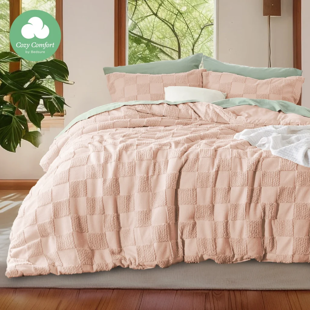 Cozy Comfort 3 Pieces Taupe Comforter Set Queen Boho Tufted Checkered Farmhouse Bedding 1 Plaid Geometric 2 Pillow Shams — close-up detail of design and finish