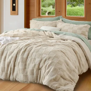 Cozy Comfort 3 Pieces Taupe Comforter Set Queen Boho Tufted Checkered Farmhouse Bedding 1 Plaid Geometric 2 Pillow Shams