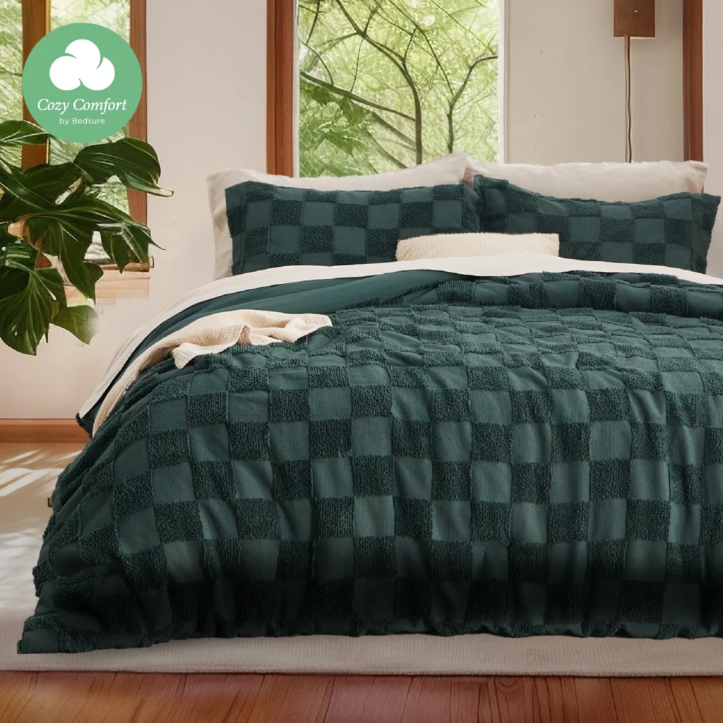 Cozy Comfort 3 Pieces Taupe Comforter Set Queen Boho Tufted Checkered Farmhouse Bedding 1 Plaid Geometric 2 Pillow Shams — alternate angle showing full product