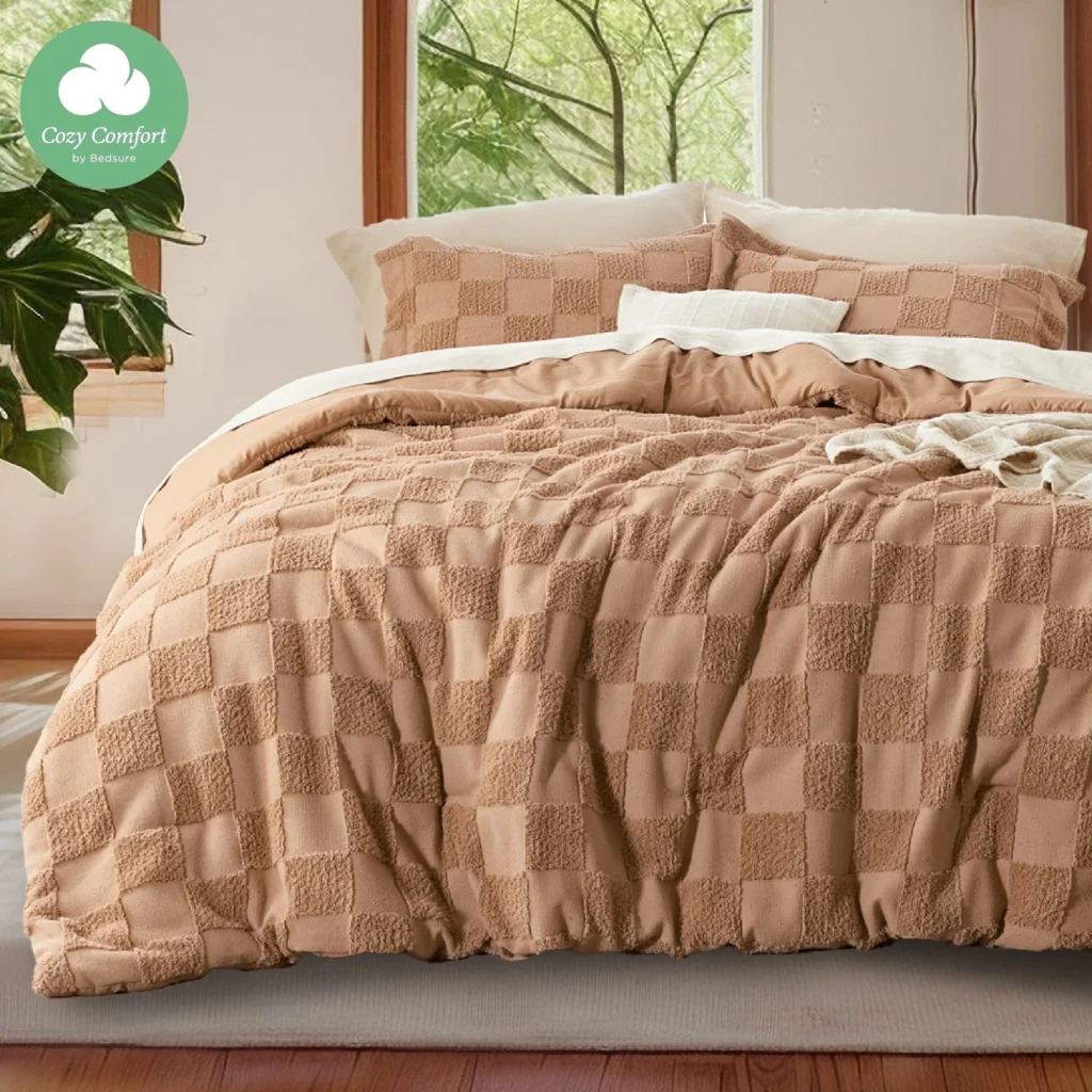 Cozy Comfort 3 Pieces Taupe Comforter Set Queen Boho Tufted Checkered Farmhouse Bedding 1 Plaid Geometric 2 Pillow Shams