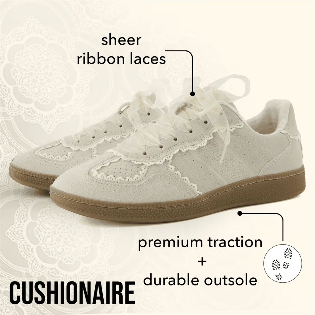 Cushionaire Women s Belinda Lace Detail Casual Sneakers Elegant Ribbon Lace Up Shoes with Memory Foam Wide Widths Available