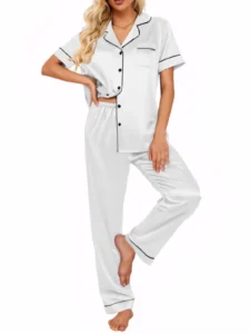 DAKIMOE Silk Satin Pajamas Set Women Two Piece Short Sleeve Shirt Long Pajama Pant Set Soft Button Loungewear Nightwear Pjs Sleepwear Women