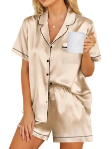 DAKIMOE Silk Satin Pajamas Set Women Two Piece Short Sleeve Shirt Long Pajama Pant Set Soft Button Loungewear Nightwear Pjs Sleepwear Women