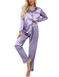 DAKIMOE Silk Satin Pajamas Set Women Two Piece Short Sleeve Shirt Long Pajama Pant Set Soft Button Loungewear Nightwear Pjs Sleepwear Women