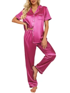 DAKIMOE Silk Satin Pajamas Set Women Two Piece Short Sleeve Shirt Long Pajama Pant Set Soft Button Loungewear Nightwear Pjs Sleepwear Women