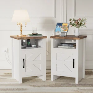 Devoko Farmhouse Nightstand with Storage Shelves White Nightstand Set of 2