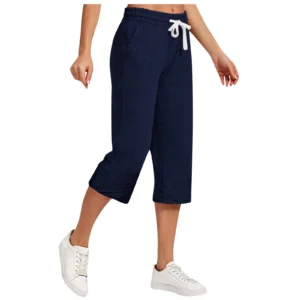 Diufon Cotton Linen Pants for Women Wide Leg Cropped Lounge Trousers Drawstring Elastic Waist Summer Beach Pant