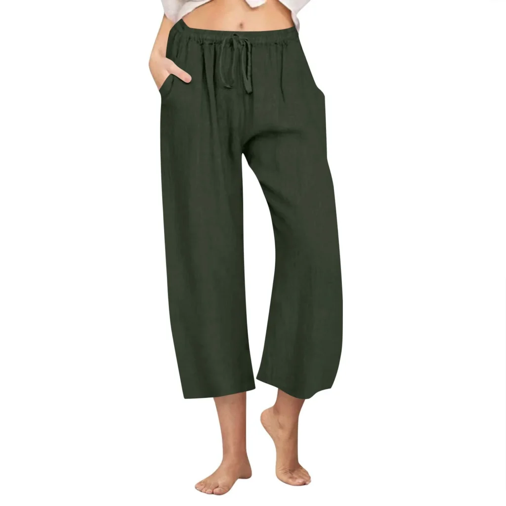 Diufon Cotton Linen Pants for Women Wide Leg Cropped Lounge Trousers Drawstring Elastic Waist Summer Beach Pant
