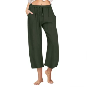 Diufon Cotton Linen Pants for Women Wide Leg Cropped Lounge Trousers Drawstring Elastic Waist Summer Beach Pant