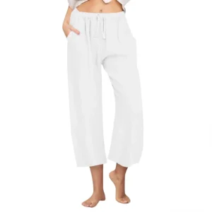 Diufon Cotton Linen Pants for Women Wide Leg Cropped Lounge Trousers Drawstring Elastic Waist Summer Beach Pant