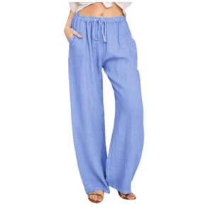 Diufon Cotton Linen Pants for Women Wide Leg Cropped Lounge Trousers Drawstring Elastic Waist Summer Beach Pant
