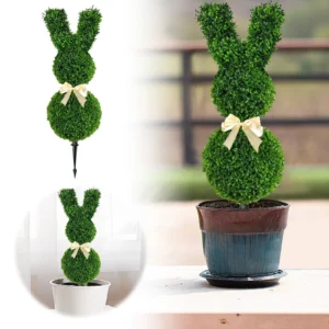 DR Planzen 3ft Easter Rabbit Shaped Topiary Trees High Artificial Boxwood Swaying Ears Brown Bow Tie UV Resistant Indoor Outdoor Decor Set 2