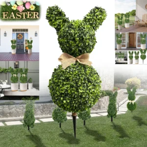 DR Planzen 3ft Easter Rabbit Shaped Topiary Trees High Artificial Boxwood Swaying Ears Brown Bow Tie UV Resistant Indoor Outdoor Decor Set 2