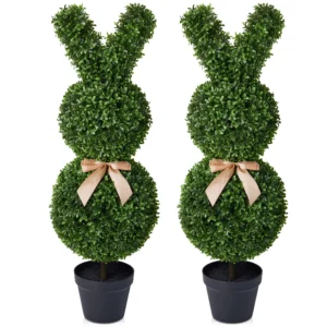 DR Planzen 3ft Easter Rabbit Shaped Topiary Trees High Artificial Boxwood Swaying Ears Brown Bow Tie UV Resistant Indoor Outdoor Decor Set 2