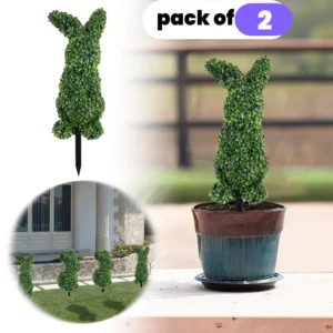 DR Planzen 3ft Easter Rabbit Shaped Topiary Trees High Artificial Boxwood Swaying Ears Brown Bow Tie UV Resistant Indoor Outdoor Decor Set 2