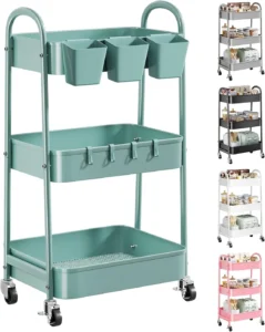 edx 3 Tier Rolling Cart Metal Utility Cart Storage Organizer Lockable Casters Multi Functional Mesh Kitchen Office Pink
