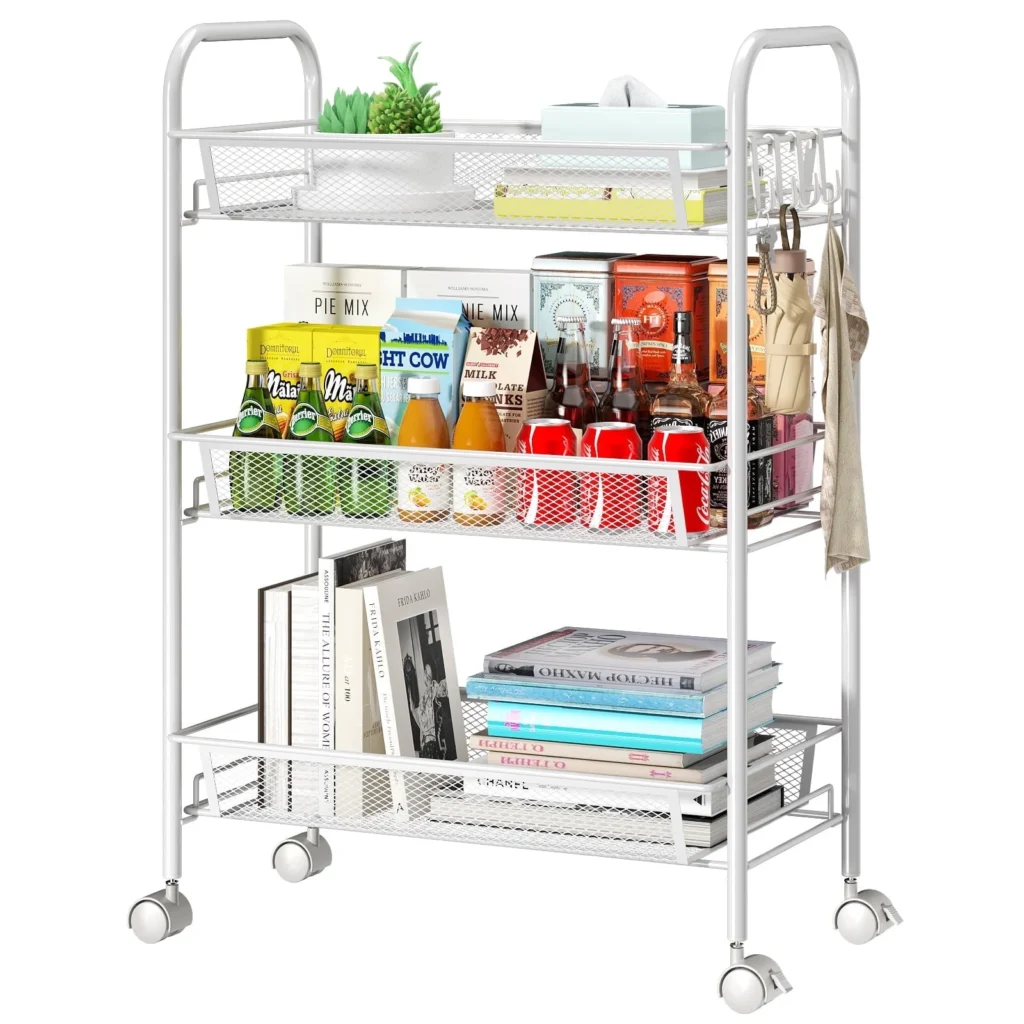 edx 3-Tier Metal Rolling Utility Cart – Lockable Casters, Pink β alternate angle showing full product