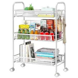 edx 3 Tier Rolling Cart Metal Utility Cart Storage Organizer Lockable Casters Multi Functional Mesh Kitchen Office Pink