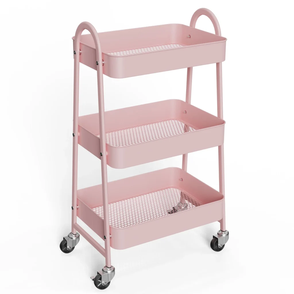 edx 3 Tier Rolling Cart Metal Utility Cart Storage Organizer Lockable Casters Multi Functional Mesh Kitchen Office Pink