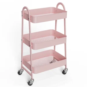 edx 3 Tier Rolling Cart Metal Utility Cart Storage Organizer Lockable Casters Multi Functional Mesh Kitchen Office Pink