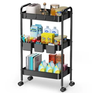 edx 3 Tier Rolling Cart Metal Utility Cart Storage Organizer Lockable Casters Multi Functional Mesh Kitchen Office Pink