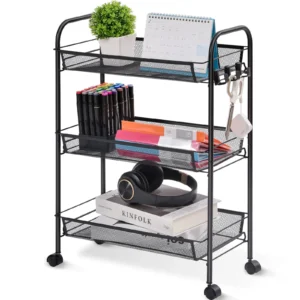 edx 3 Tier Rolling Cart Metal Utility Cart Storage Organizer Lockable Casters Multi Functional Mesh Kitchen Office Pink