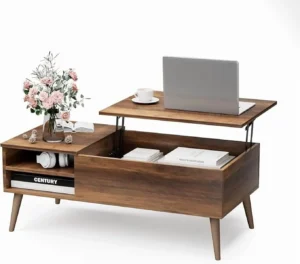 edx Adjustable Height Wooden Coffee Table with Hidden Compartments and Shelves Perfect for Small Homes Apartments Reception Rooms Rust Brown