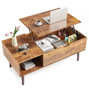 edx Adjustable Height Wooden Coffee Table with Hidden Compartments and Shelves Perfect for Small Homes Apartments Reception Rooms Rust Brown