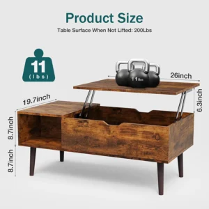 edx Adjustable Height Wooden Coffee Table with Hidden Compartments and Shelves Perfect for Small Homes Apartments Reception Rooms Rust Brown