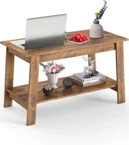 edx Adjustable Height Wooden Coffee Table with Hidden Compartments and Shelves Perfect for Small Homes Apartments Reception Rooms Rust Brown