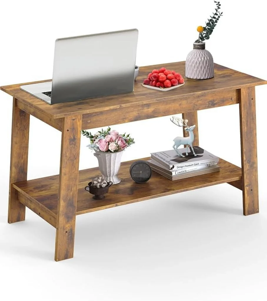 edx Adjustable Height Wooden Coffee Table with Hidden Compartments and Shelves Perfect for Small Homes Apartments Reception Rooms Rust Brown