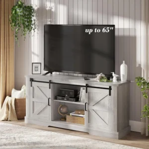 EDX TV Stand for 65 TV Modern Entertainment Center for Living Room TV Console Table with Storage Cabnets and Sliding Barn Doors White